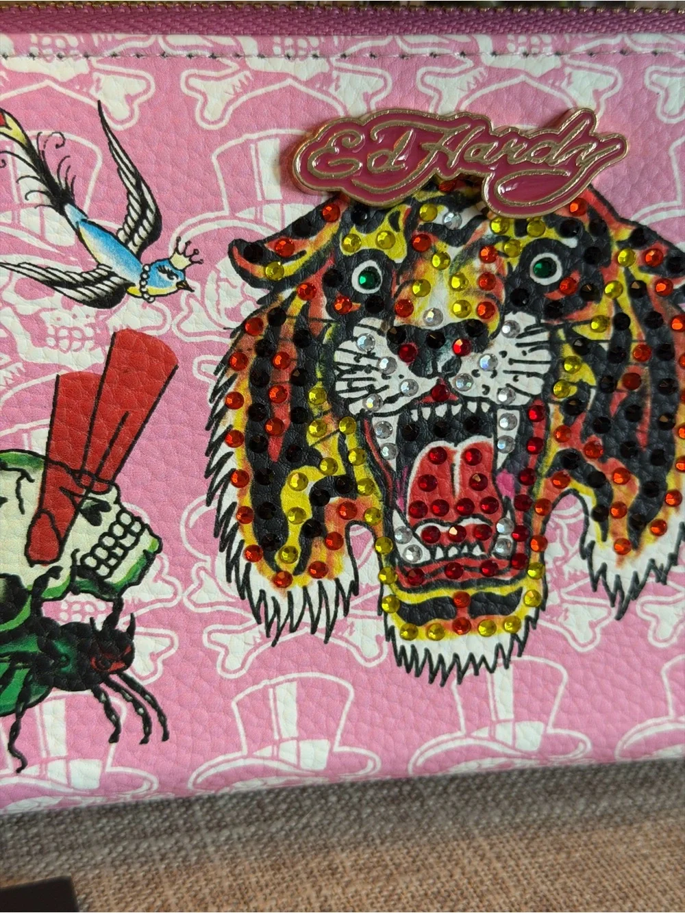 Ed Hardy Pink Tattoo Motif Wristlet with Leopard Tiger and Pegasus